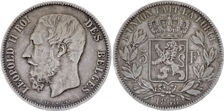 Belgique 5 Francs Léopold II - Armoiries - 1868 - Argent