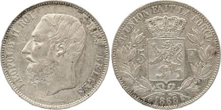 Belgique 5 Francs Léopold II - Armoiries - 1868  2 em ex