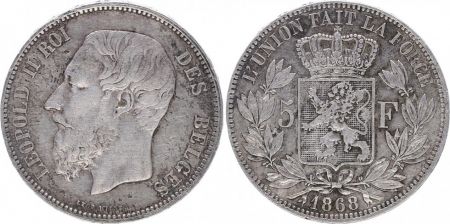 Belgique 5 Francs Léopold II - Armoiries - 1868