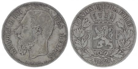 Belgique 5 Francs Léopold II - Armoiries - 1869