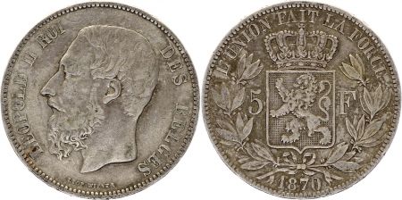 Belgique 5 Francs Léopold II - Armoiries - 1870 Argent