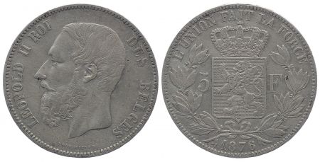 Belgique 5 Francs Léopold II - Armoiries - 1876