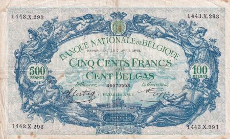 Belgique 500 Francs - Bleu - 07-04-1943 - Lettre X - TB+ - P.109