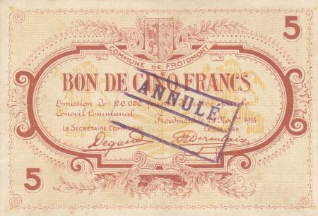 Belgique Bon de 5 franc annulé - Froidmont  - 1914