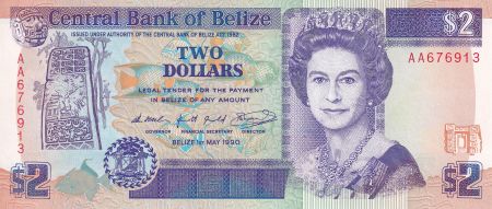 Belize 2 Dollars - Elisabeth II - Ruines Maya - 1990 -  NEUF - P.52a