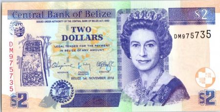 Belize 2 Dollars Elizabeth II - Ruines Maya - 2014