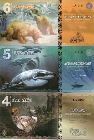 Beringia 15 Ice Dollars, Lot 3 Billets : Dodo - Megalodon - Megatherium 2015