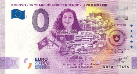 Billet 0 euro Souvenir - 15 ans d\'Indépendance du Kosovo - Kosovo 2022