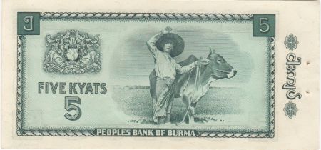Birmanie 5 Kyats Général Aun San, Paysan et vaches - 1965