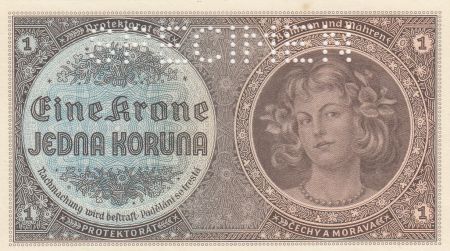 Bohéme et Moravie 1 Koruna ND1940 - Portrait de femme, Armoiries - Spécimen