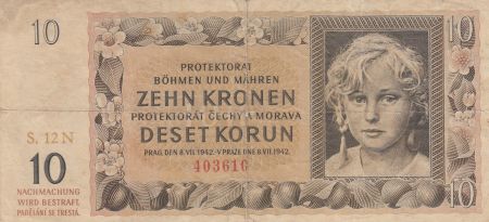 Bohéme et Moravie 10 Korun 1942 - Jeune fille, Armoiries - Série 12N