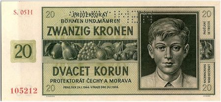 Bohéme et Moravie 20 Korun  - Jeune  Homme et fruit - 1944 Spécimen