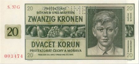 Bohéme et Moravie 20 Korun 1944 jeune garçon, spécimen