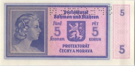 Bohéme et Moravie 5 Korun ND1940 Femme, Spécimen