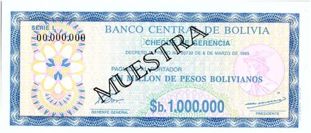 Bolivie 1 000 000 Pesos , Bleu (chèque) - 1985 - Muestra