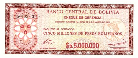 Bolivie 5 000 000 Pesos , Marron et Brun (chèque) - 1985