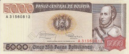 Bolivie 5000 Pesos Bolivianos , Maréchal Jose Ballivian y Segurola - Léopard - 1984