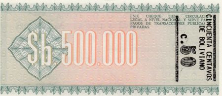 Bolivie 500000 Pesos Bolivianos Bolivianos, Mercure (chèque) - 1984