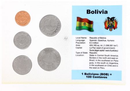 Bolivie Blister 5 monnaies BOLIVIE (10 centavos à 2 bolivianos)