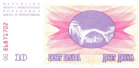 Bosnie-Herzégovine 10 Dinara 1992 - Pont de Mostar