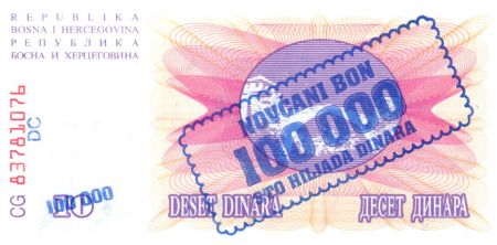 Bosnie-Herzégovine 10 Surcharge 100.000 Dinara - 1993 - Pont Mostar