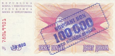 Bosnie-Herzégovine 10 Surcharge 100.000 Dinara - Pont Mostar - 1993