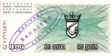 Bosnie-Herzégovine 100 Dinara  Armoiries - 1992 - UN CIV POL
