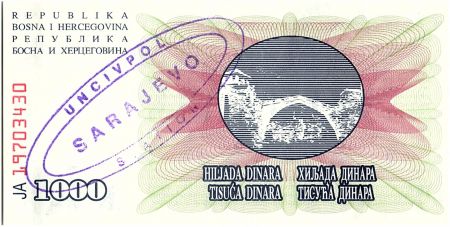 Bosnie-Herzégovine 1000 Dinara - Pont Mostar - 1992 - UN CIV POL