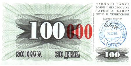 Bosnie-Herzégovine 100.000 Dinara - Armoiries - Travnik - 1993