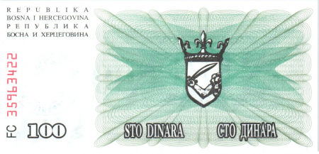 Bosnie-Herzégovine 100.000 Dinara - Armoiries - Travnik - 1993