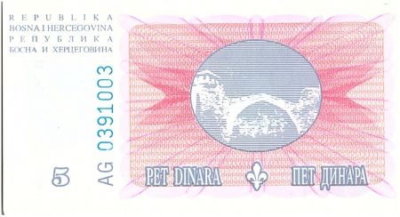 Bosnie-Herzégovine 5 Dinara  Pont de Mostar  - 1994 - Petit Format