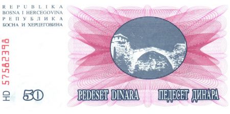 Bosnie-Herzégovine 50 Dinara  Pont de Mostar - 1992