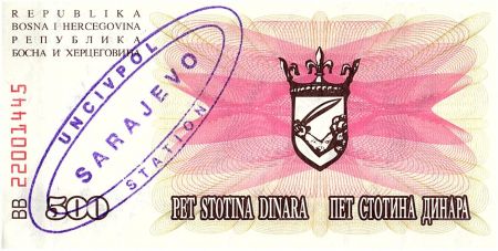Bosnie-Herzégovine 500 Dinara  Armoiries - 1992 - UN CIV POL