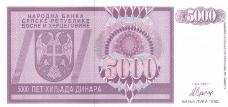 Bosnie-Herzégovine 5000 Dinara 1992 - Aigle à 2 têtes - P.138 - Neuf