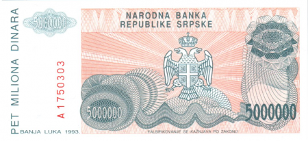 Bosnie-Herzégovine 5.000.000 Dinara - P. Kocic - Armoiries - 1993