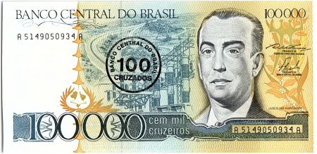 Brésil 100 Cruzados sur 100000 Cruzeiros, Juscelino Kubitschek -1986