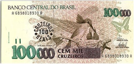 Brésil 100 Cruzeiros reais sur 100000 Cruzeiros, Oiseaux - 1993