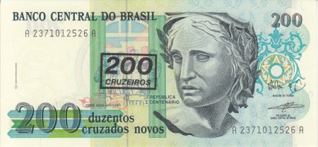 Brésil 200 Cruzeiros sur 200 Cruzados Novos, Liberté - Peinture Patria - 1990