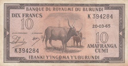 Burundi 10 Francs Boeufs  - 1965 - TTB - P. 9 - K 394284
