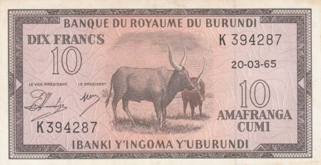 Burundi 10 Francs Boeufs  - 1965 - TTB - P. 9 - K 394287