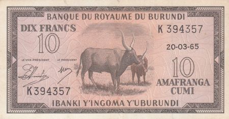 Burundi 10 Francs Boeufs  - 1965 - TTB - P. 9 - K 394357