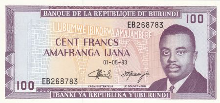 Burundi 100 Francs 1993 - Prince Rwagasore, Armoiries