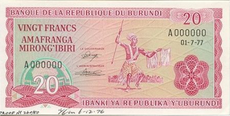Burundi 20 Francs 1977 - Guerrier- Epreuve, Proof datée 6-12-1976 - Série A 000000