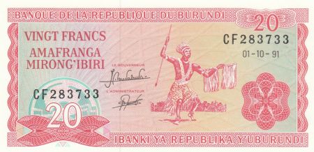 Burundi 20 Francs 1991 - Danseur, Armoiries