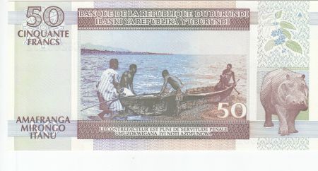 Burundi 50 Francs 1999 - Homme en pirogue, bateaux, lac