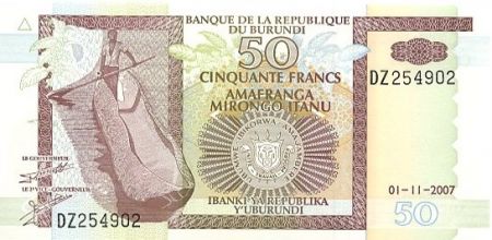 Burundi 50 Francs 2007 - Homme, pirogue - Pêcheurs, Hippopotame