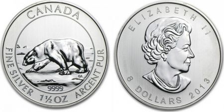 Canada 8 Dollars, Elisabeth II - Ours Polaire 1 1/2 Oz 2013