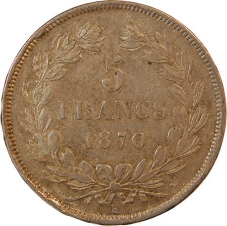 CERES - 5 FRANCS ARGENT 1870 K BORDEAUX Sans Légende\  RARE\ 