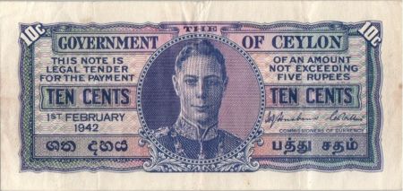 Ceylan 10 Cents George VI - Uniface - 1942