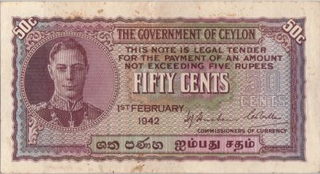 Ceylan 50 Cents George VI - Uniface - 1942
